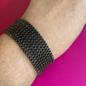 Women's Black Mesh Tile Bracelet - Polished Metal Cuff